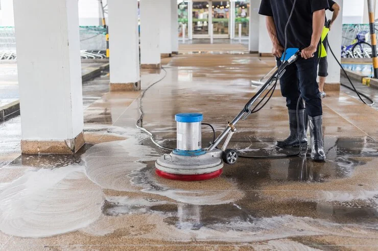 asian worker cleaning sand wash exterior walkway 30478 3047